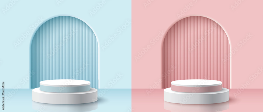 Set of abstract 3D room with realistic cylinder pedestal stand podium ...