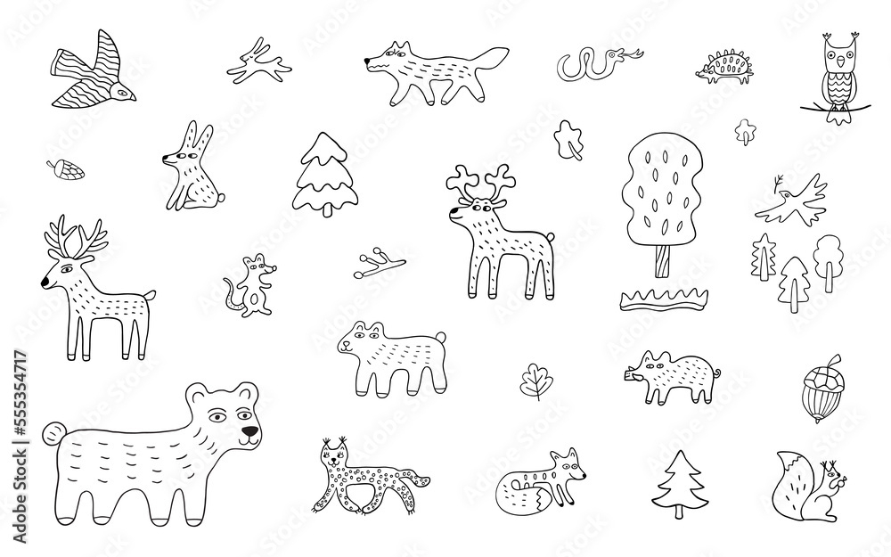 cute forest animals - hand drawn doodles, cartoons set
