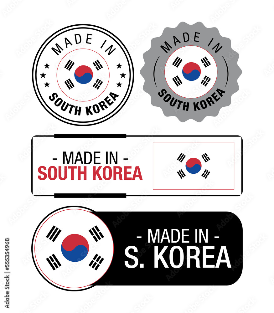 Set of Made in South Korea labels, logo, South Korea Flag, South Korea ...