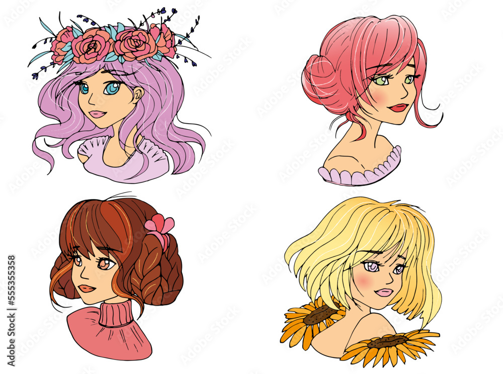 vector set with cute cartoon anime girl. avatars vector set with cute cartoon anime girl. avatars