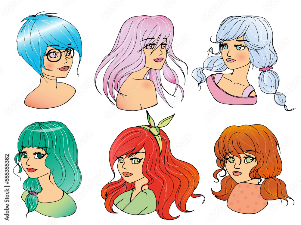vector set with cute cartoon anime girl. avatars vector set with cute cartoon anime girl. avatars