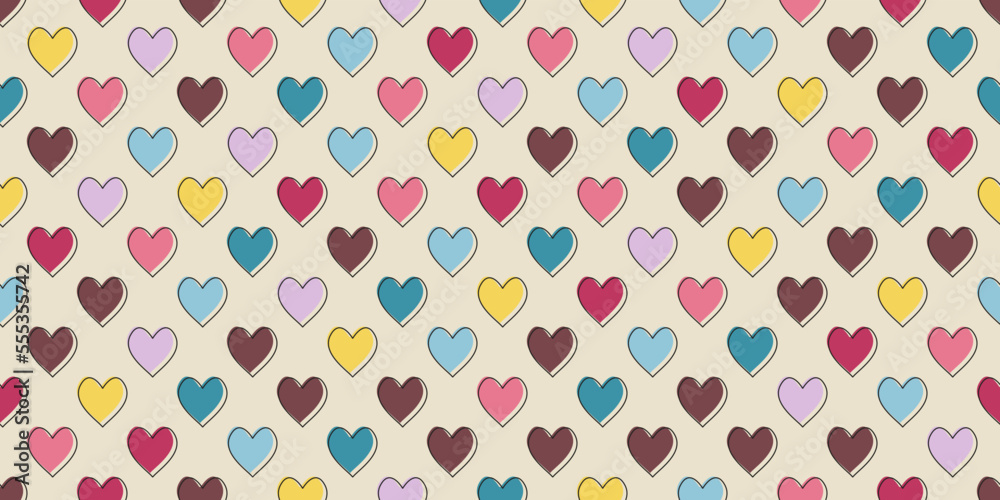 Colorful background with valentine hearts. Seamless pattern for print and decor. Suitable for textiles and packaging, seamless prints. Colorflul hearts wallpaper.