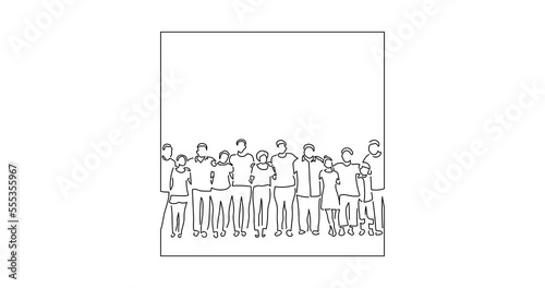 Group of people united in line art animation. Composition of casual people. Black linear video on white background. Animated gif illustration design.