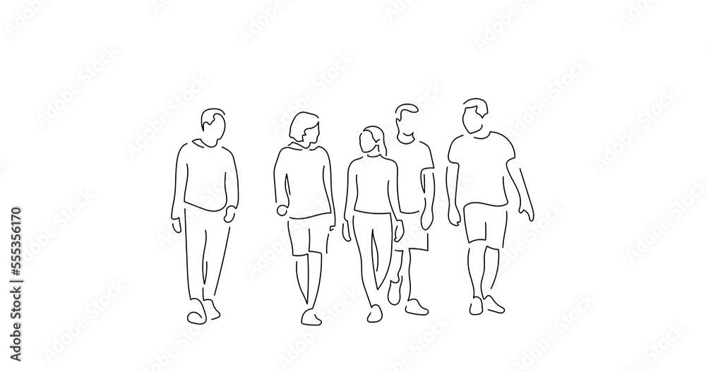 Group of people walking in line art animation. Composition of casual people. Black linear video on white background. Animated gif illustration design. Group of people walking in line art animation. Composition of casual people. Black linear video on white background. Animated gif illustration design.