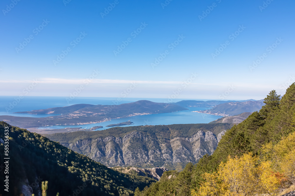 Scenic view of bay of Kotor and Tivat region seen from Derinski Vrh, Adriatic Mediterranean Sea, Montenegro, Balkan Peninsula, Europe. Fjord winding along coastal towns. Lovcen, Orjen national park