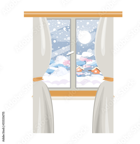 Window with curtains. Winter landscape behind the window. Cozy home. Flat vector illustration.