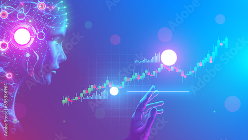 AI in business, fintech. Face of artificial intelligence with mind looking at trading charts information. neural networks analysis finance economic digital data. Robot trader works stock exchange.