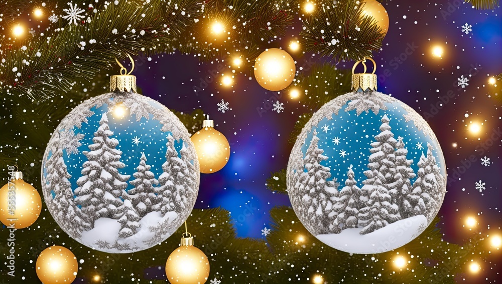 Christmas background with blue balls decorated with ornament hanging on the branches of a spruce, created with Generative AI Christmas background with blue balls decorated with ornament hanging on the branches of a spruce, created with Generative AI