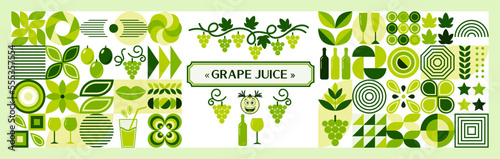 Set of design elements in simple geometric style. Grape and grape wine theme. Good for branding, decoration of food package, cover design, decorative print, background.