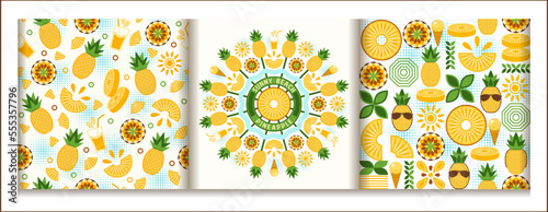 Set of round pineapple ornament, patterns with pineapple, ice cream, juice, sun in simple geometric style Stylization of Sunny beach Good for decoration of food packaging, decorative print, background