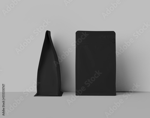 Photography Template of black coffee pouch, set of gusset bags isolated on wall background, close up