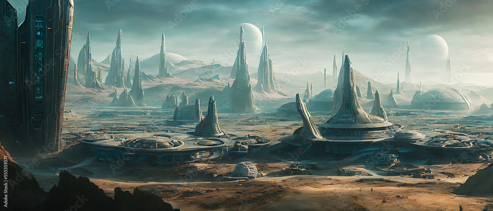 Concept of space colony on an uninhabited planet, Generative AI
