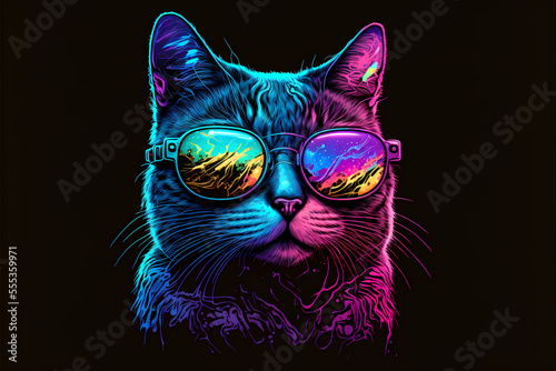 colorful Synthwave style cute cat with sunglasses, dark black background, Portrait, digital illustration ai art style © Luc.Pro