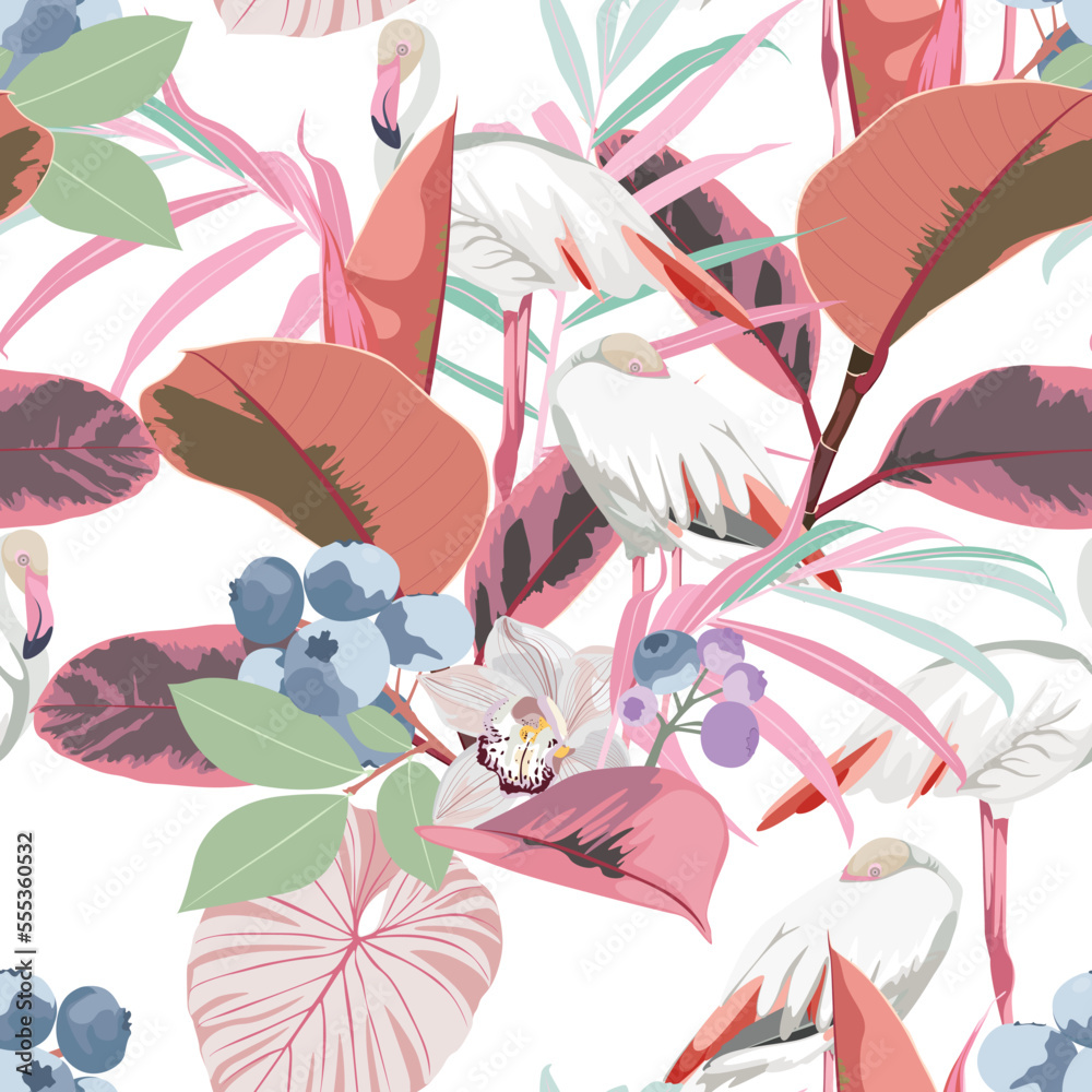 Obraz premium Art floral seamless pattern. Blueberry fruits and pink leaves. Flamingo bird with palm leaves isolated on a beige background.