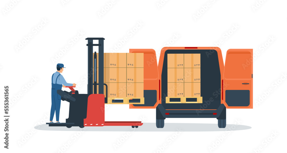 Warehouse staff loading a cargo van using an electric forklift. Vector ...
