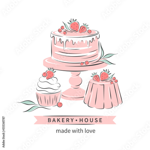 Bakery house. Logo for confectionery or bakery. Сake, cupcake and berries. Vector illustration for menu, recipe book, baking shop, cafe.