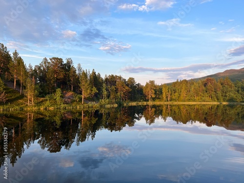 Trees reflection on the lake water surface, peaceful lake landscape with forest and hill background