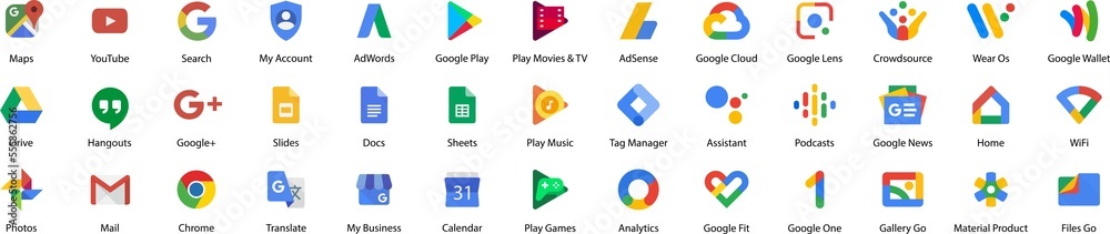 Google LLC. Apps from Google. Official logotypes of Google Apps. Kyiv