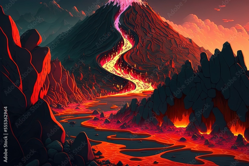 Animated lava flows and a cartoon volcanic landscape. Generative AI
