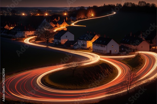 light trails at evening from cars in a curve in germany. Generative AI © Create image