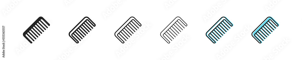 Comb set icon. hairdresser, personal care, beauty, hairstyle, haircut, hair, wig, bangs, ponytail, bun. Clipping concept. Six vector line icon in different styles Comb set icon. hairdresser, personal care, beauty, hairstyle, haircut, hair, wig, bangs, ponytail, bun. Clipping concept. Six vector line icon in different styles