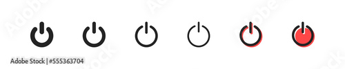 Power button set icon. Turn, on, off, reset, device, phone, computer, Power off, start, switch, shut down. Technology concept. Six vector line icon in different styles
