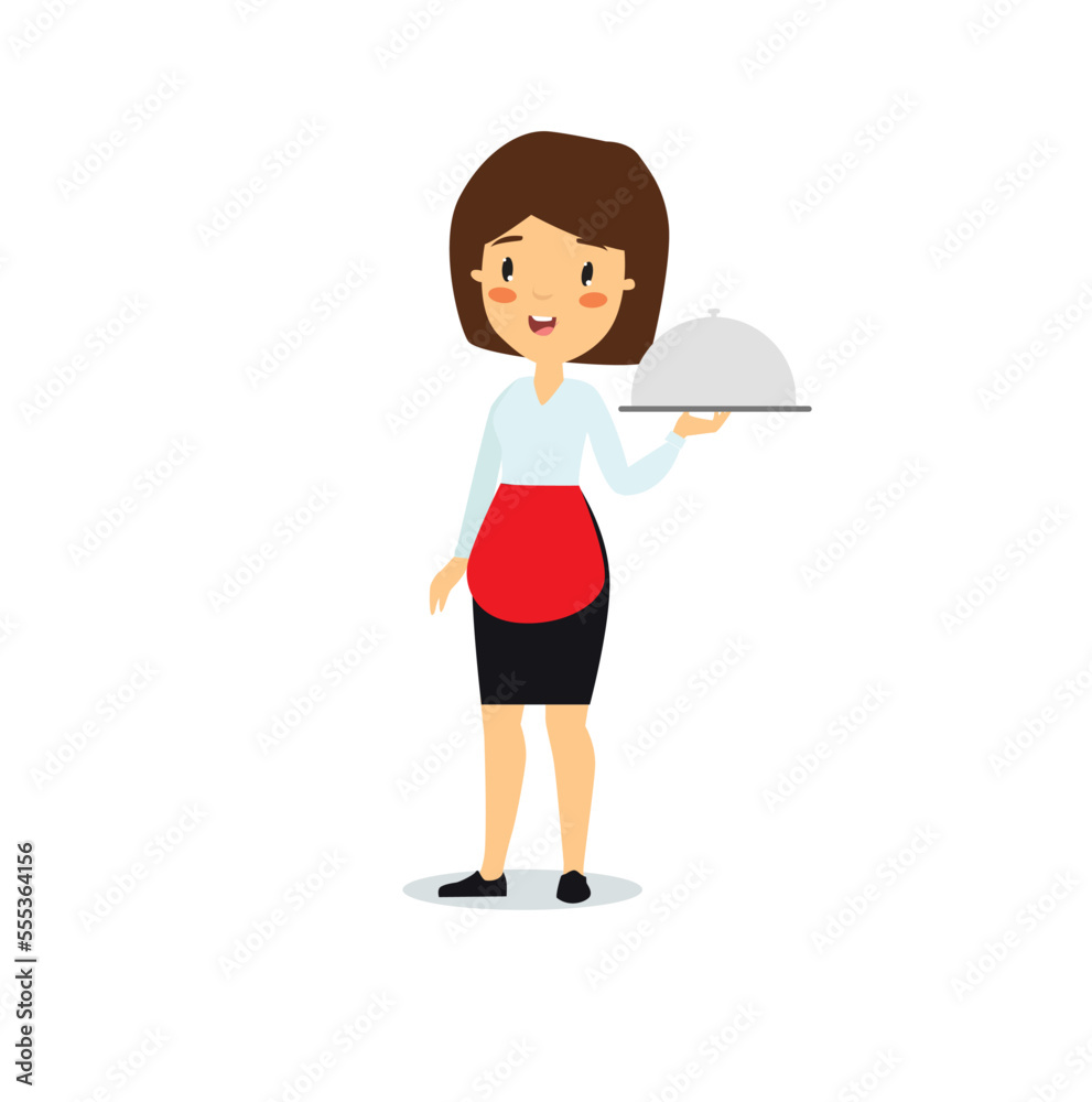 Girl waiter. Café, restaurant worker. Bring lunch, dinner, breakfast. Service staff. Girl at work. Girl waiter. Café, restaurant worker. Bring lunch, dinner, breakfast. Service staff. Girl at work.