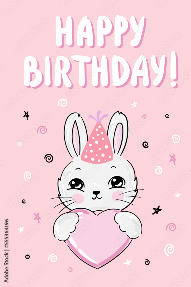 Happy Birthday card design with cute bunny with hearts . Party and celebration elements. Text Happy Birthday. Vector illustration in flat design. Happy Birthday card design with cute bunny with hearts . Party and celebration elements. Text Happy Birthday. Vector illustration in flat design.