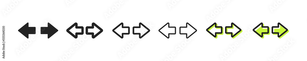 Arrows for website buttons set icon. Next page, scroll, leaf through, follow the link, right swipe, left, cursor, sign. Technology concept. Six vector line icon in different styles Arrows for website buttons set icon. Next page, scroll, leaf through, follow the link, right swipe, left, cursor, sign. Technology concept. Six vector line icon in different styles