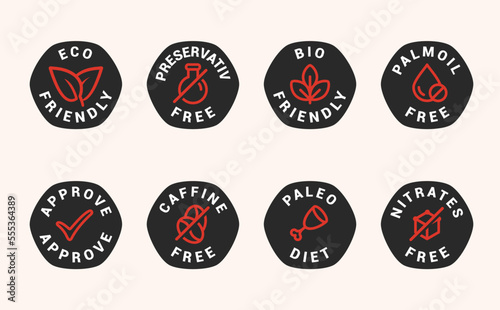 Lactose free, Sugar free, Gluten free, GMO and Allergen free icons set vector illustration for labels, seals, badges, food packaging and promotional designs.