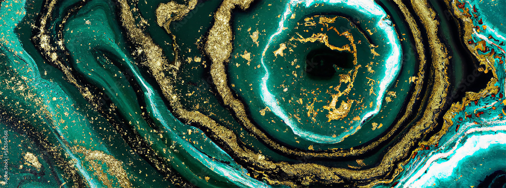 illustrazione di    carta da parati di lusso con marmo verde e oro sciolto in sinuose curve eleganti,       con schizzi d'oro   creato con intelligenza artificiale, AI - obrazy, fototapety, plakaty 