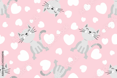 Seamless pattern with cute Kittens and hearts. Creative childish pink texture. Great for fabric, textile Vector Illustration
