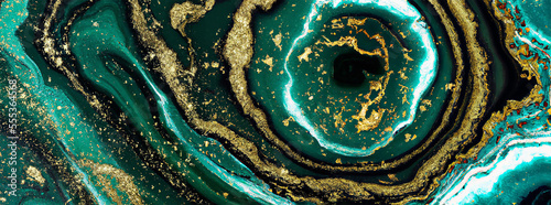 illustrazione di    carta da parati di lusso con marmo verde e oro sciolto in sinuose curve eleganti,       con schizzi d'oro   creato con intelligenza artificiale, AI photo