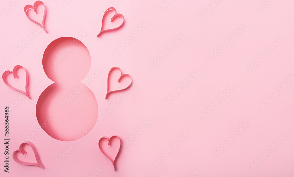 Eight with hearts on a pink background. Postcard for March 8. Banner. Copy space.