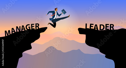  Businessman jumping from Manager cliff to leader cliff on cloud and sunset sky. Change behavior and mindset to Leadership concept.