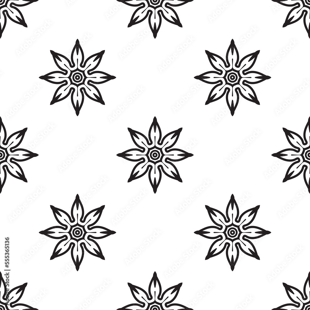 Mandala patterns Black and white Seamless Pattern. Hand Drawn Ethnic Texture. Vector Illustration in Monochrome tones.
