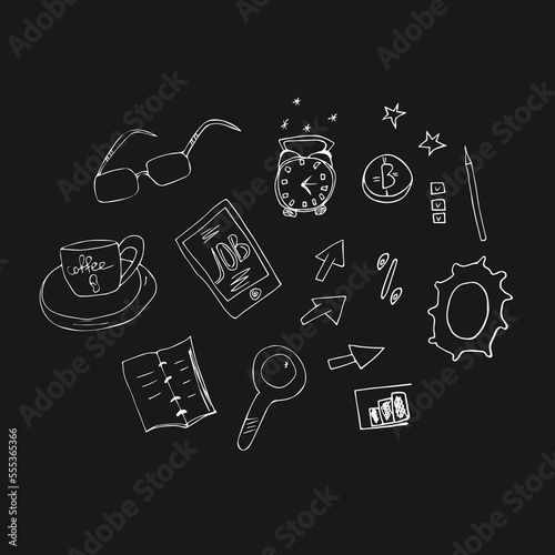 Financial business career development concept in doodle style isolated vector illustration. Working on tablet with charts and bitcoin innovation