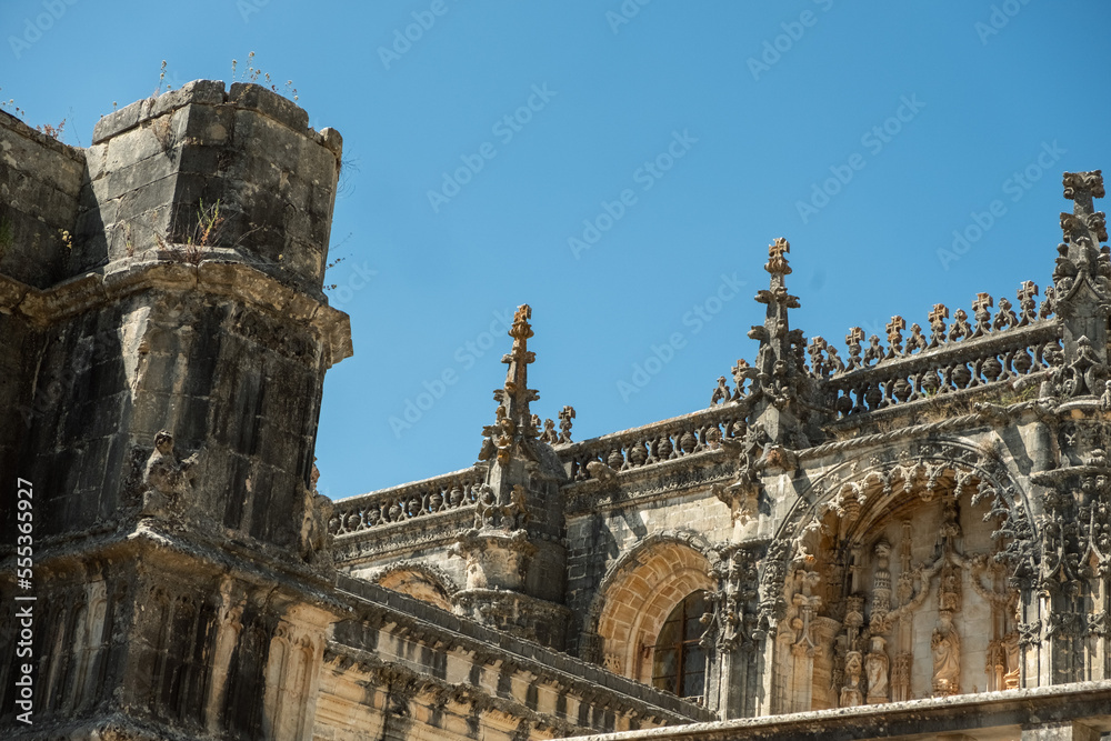 Convent of Christ or Convento de Cristo, ornately sculpted, Manueline style, hilltop Roman Catholic convent in Tomar, Portugal. Templar stronghold complex is a historic and cultural monument