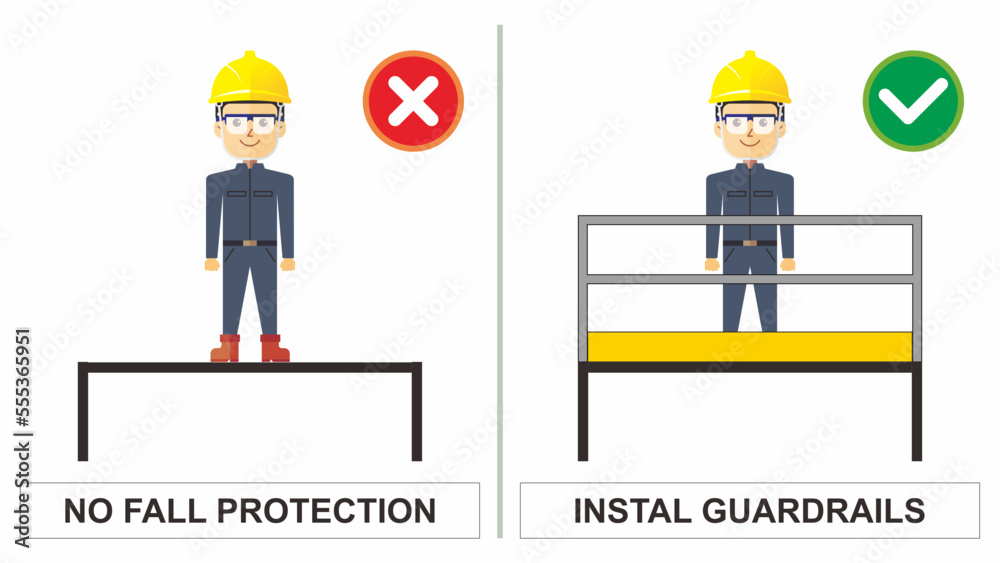 Workplace safety notice of do's and don'ts practice. Worker on the high