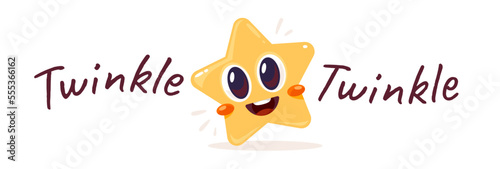 Vector child illustration of smile yellow star with word on white color background. Flat style design of happy little star character