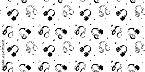 Vector music illustration with headphone on white color background. Flat line art design of seamless pattern with headphone and note