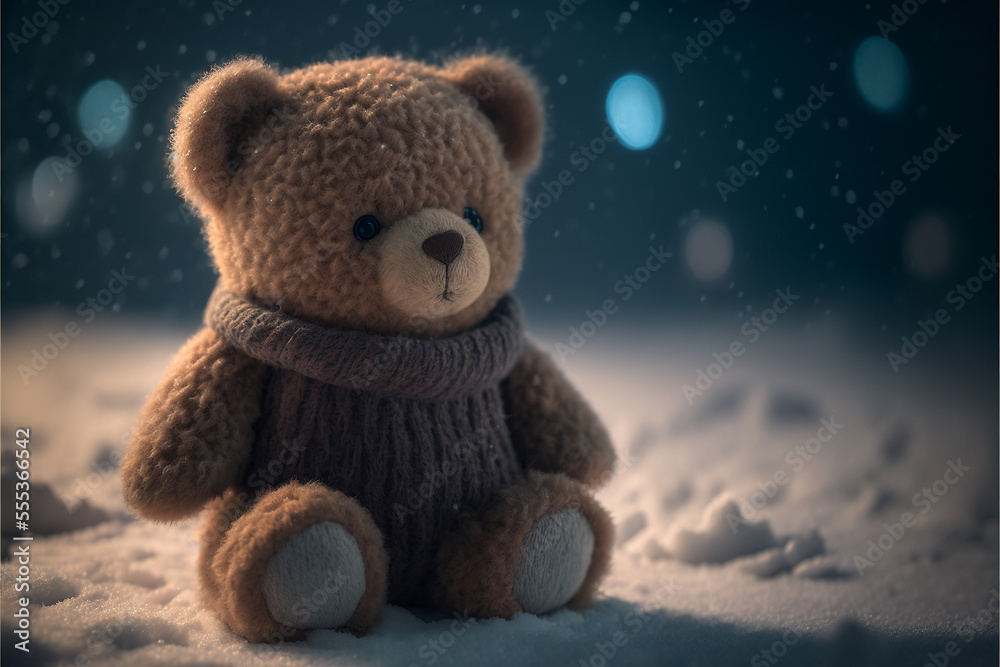 Orsacchiotto di peluche con maglioncino marrone seduto sulla neve generato dall'AI