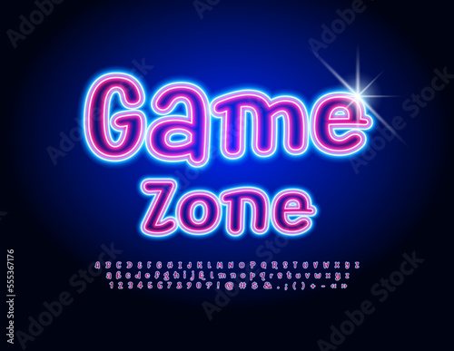 Vector neon poster Game Zone. Electric bright Font. Glowing set of Alphabet Letters and Numbers