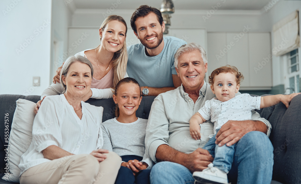 Relax, portrait or happy big family love enjoying quality bonding time in a family home on holiday vacation. Senior grandparents, mother and father relaxing with children siblings on living room sofa Relax, portrait or happy big family love enjoying quality bonding time in a family home on holiday vacation. Senior grandparents, mother and father relaxing with children siblings on living room sofa