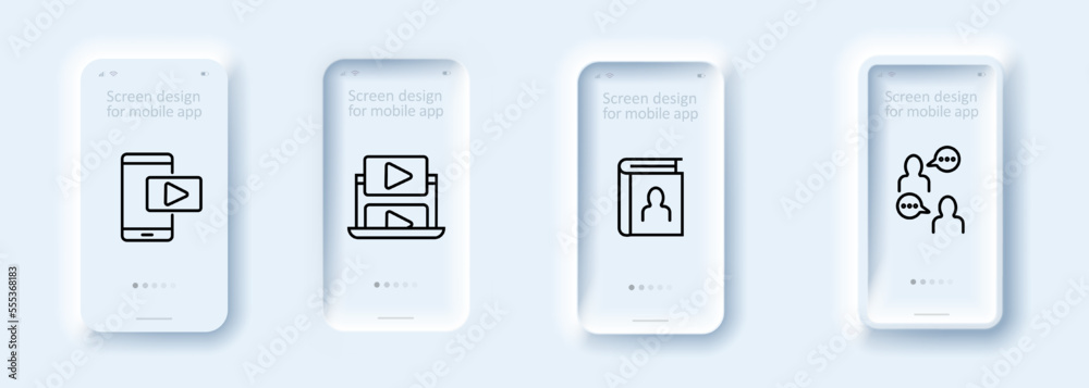Online work icons set. Blog, earnings, phone, video, laptop, broadcast, channel, people, diary. Online work concept. Neomorphism style. Vector line icon for business