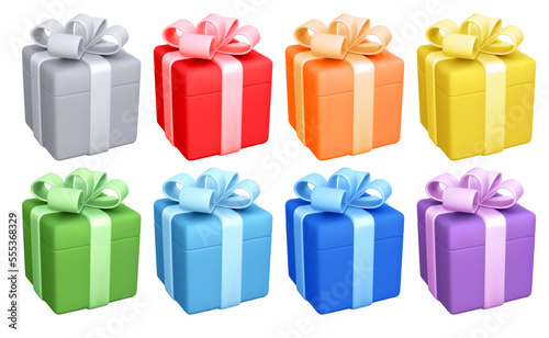 Set of isolated multicolored 3d gift boxes with cute bow. Rainbow colors. Holiday design element for birthday, wedding, advertisement of sale and other life events. Vector realistic illustration