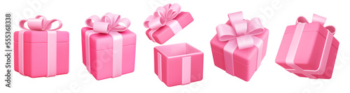 Set of 3d pink gift boxes with cute bow. Open and closed. Holiday design element for birthday, wedding, advertising banner of sale and other life events. Vector realistic illustration