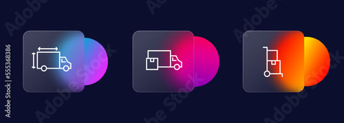 Delivery icons set. Car, cargo, safety, shipment at own expense, speed, weight, speed. Delivery concept. Glassmorphism style. Vector line icon for business