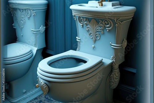 The toilet and bidet in the bathroom blue in classic design. Generative AI