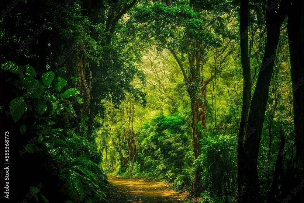 Very dense forest with green trees at Mawlynnong in Meghalaya, India. It is a beautiful village which is notable for cleanliness. Few amount of sunshine are coming through the jungle. Generative AI